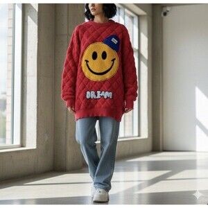 HUA QUAN L/XL Red Popcorn Knit Oversized Sweater Smiley Face Beanie DREAM Y2K